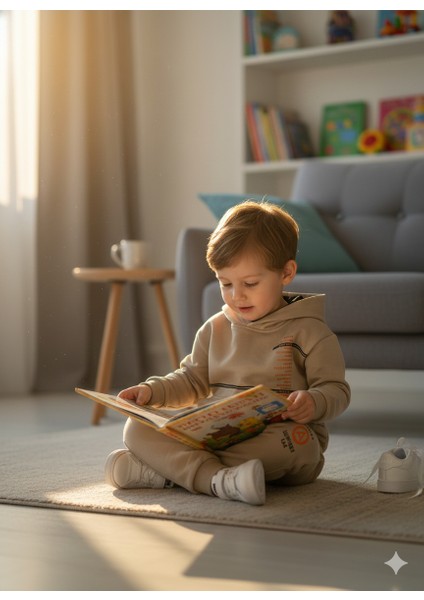 Erkek Çocuk Bej Kapüşonlu Kanguru Cepli Yazı Baskılı Eşofman Takımı fırsatları