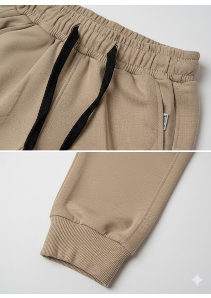 Erkek Çocuk Bej Kapüşonlu Kanguru Cepli Yazı Baskılı Eşofman Takımı