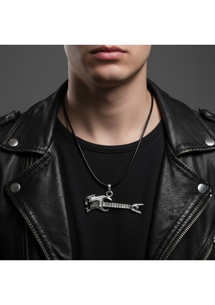 Kuru Kafa Elektro Gitar Gümüş Kaplama Deri İp Kolye