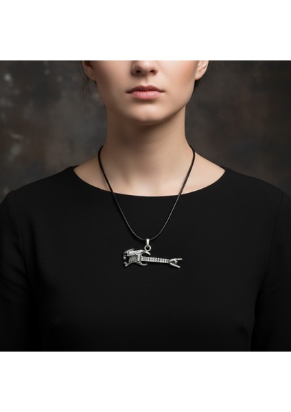 Kuru Kafa Elektro Gitar Gümüş Kaplama Deri İp Kolye modelleri