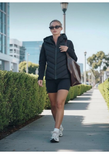 Kadın Softshell Kollu Kapüşonlu Çift Cepli Termal Şişme Mont Luxvestimenta modelleri