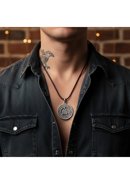 Mitoloji Viking Run Büyülü Sembol Gümüş Kaplama Deri Ip Kolye