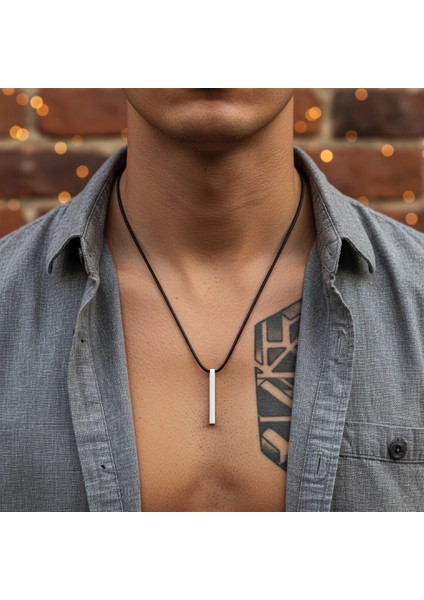 Silindir Çubuk Gümüş Kaplama Deri İp Kolye