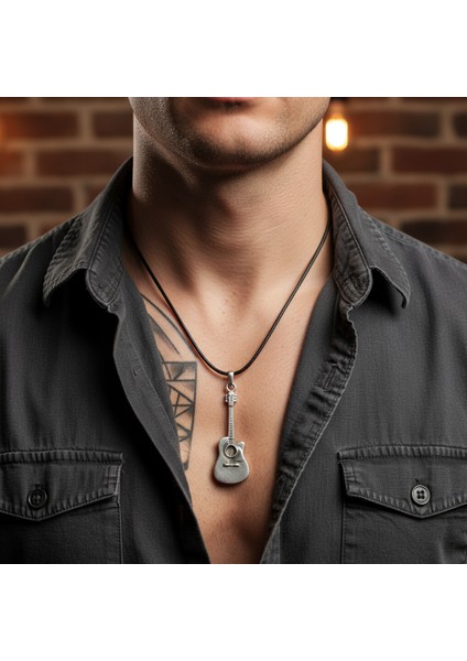 Müzik - Gitar Gümüş Kaplama Deri Ip Kolye