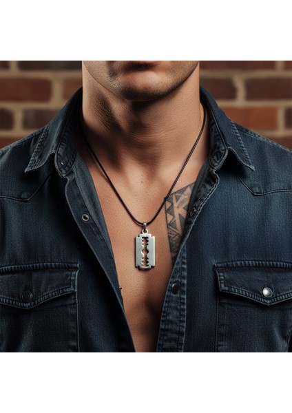 Punk - Jilet Gümüş Kaplama Deri İp Kolye