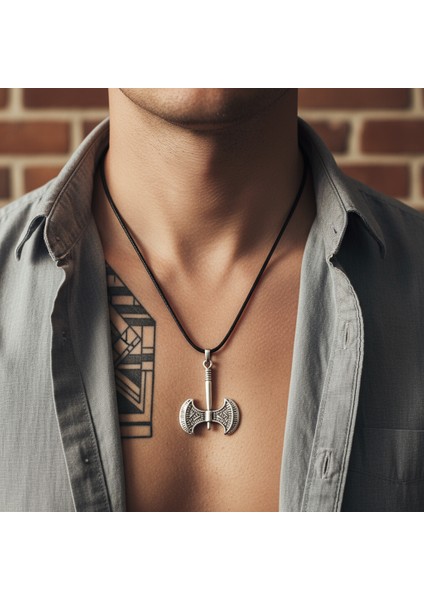 Balta Gümüş Kaplama Deri İp Kolye