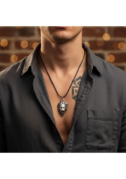 Aslan Gümüş Kaplama Deri Ip Kolye