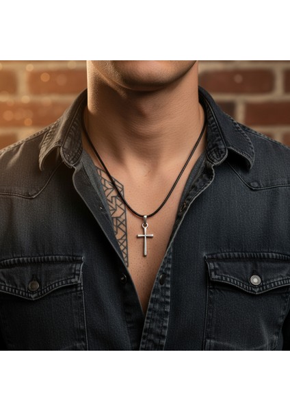 Mini Haç Gümüş Kaplama Deri İp Kolye modelleri