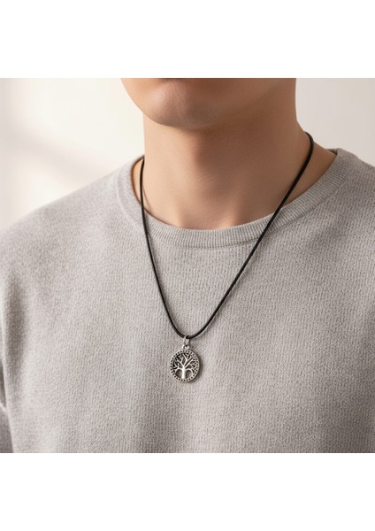 Minimal Yaşam Ağacı Gümüş Kaplama Deri Ip Kolye