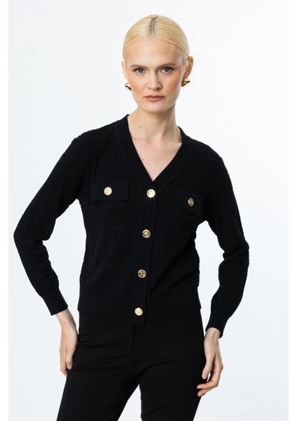 V Yaka Onü Cepli Siyah Kadın Hırka 50912-2Y5