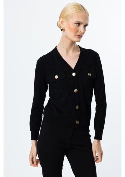 V Yaka Onü Cepli Siyah Kadın Hırka 50912-2Y5 modelleri