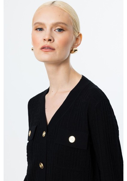 V Yaka Onü Cepli Siyah Kadın Hırka 50912-2Y5 fırsatları