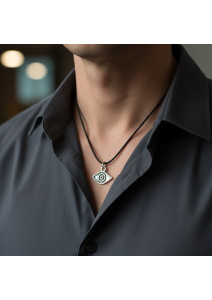 Minimal Göz Nazar Gümüş Kaplama Deri İp Kolye
