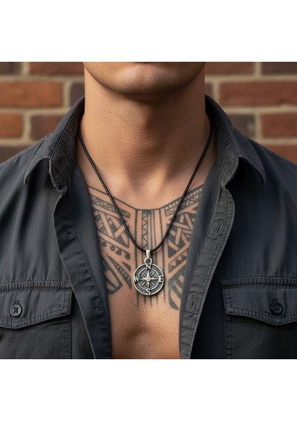 Minimal Pusula Gümüş Kaplama Deri Ip Kolye