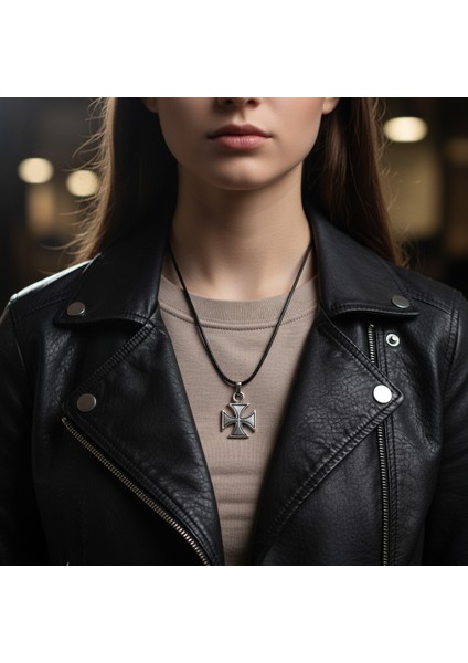 Antik Haç Gümüş Kaplama Deri İp Kolye