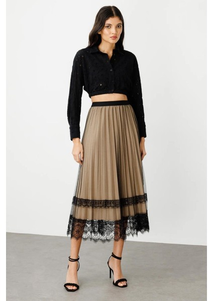 Tül Piliseli Midi Boy Bej Kadın Etek 1518-2Y5