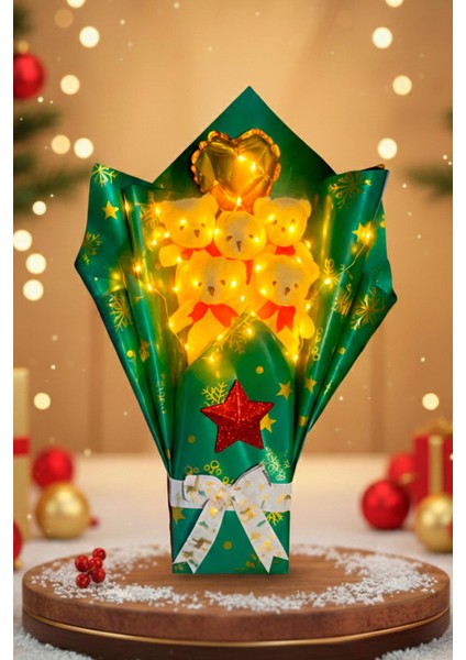 Premium Özel Yeniyıl - Yılbaşı Konsepti LED Işıklı Romantik Yeşil - Kırmızı- Beyaz Peluş Ayıcık Buketi-Sevdiklerinize Özel