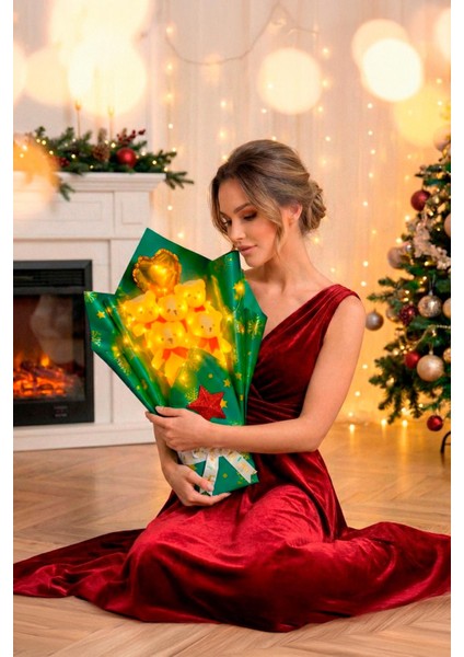 Premium Özel Yeniyıl - Yılbaşı Konsepti LED Işıklı Romantik Yeşil - Kırmızı- Beyaz Peluş Ayıcık Buketi-Sevdiklerinize Özel modelleri