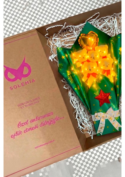 Premium Özel Yeniyıl - Yılbaşı Konsepti LED Işıklı Romantik Yeşil - Kırmızı- Beyaz Peluş Ayıcık Buketi-Sevdiklerinize Özel fırsatları