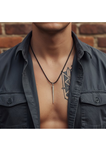 Etnik Desenli Çubuk, Gümüş Kaplama Deri Ip Kolye