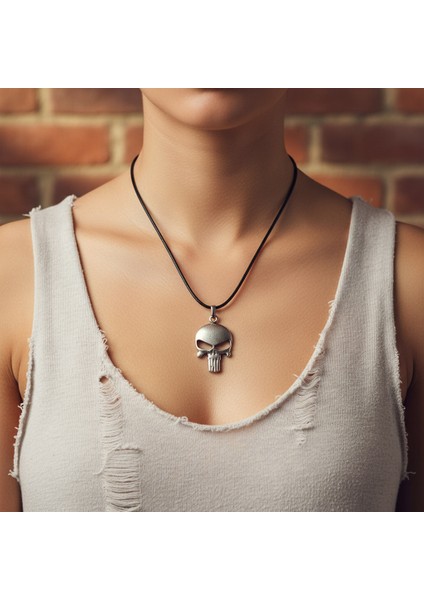 Punisher Cezalandırıcı Gümüş Kaplama Deri İp Kolye