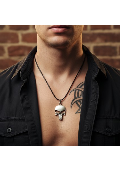 Punisher Cezalandırıcı Gümüş Kaplama Deri İp Kolye fiyatları