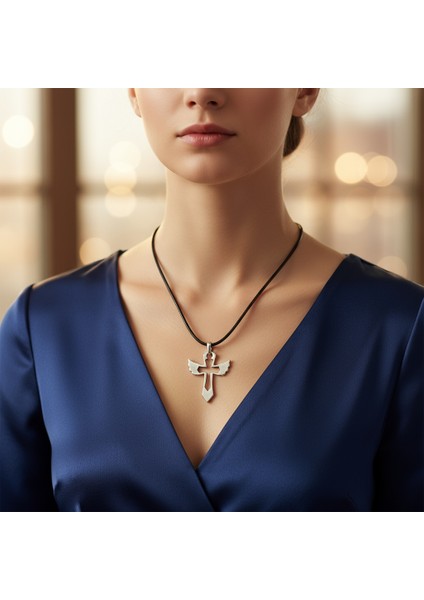 Kanatlı Haç Gümüş Kaplama Deri Ip Kolye fiyatları