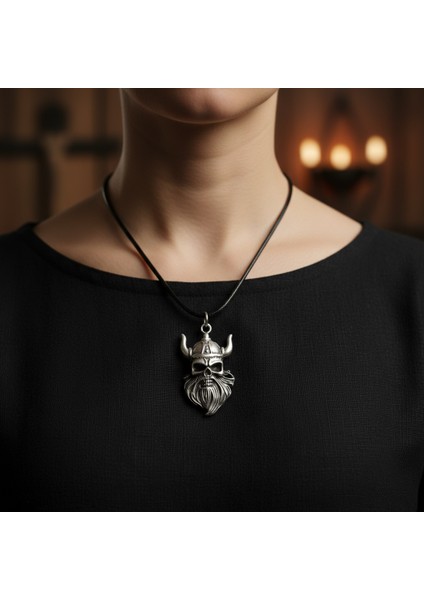Viking Sakallı Kuru Kafa Gümüş Kaplama Deri Ip Kolye