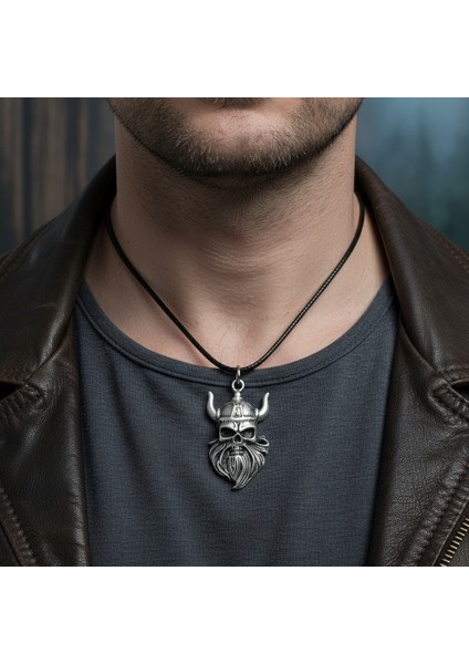 Viking Sakallı Kuru Kafa Gümüş Kaplama Deri Ip Kolye fiyatları