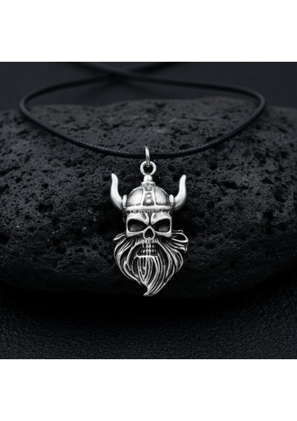Viking Sakallı Kuru Kafa Gümüş Kaplama Deri Ip Kolye modelleri