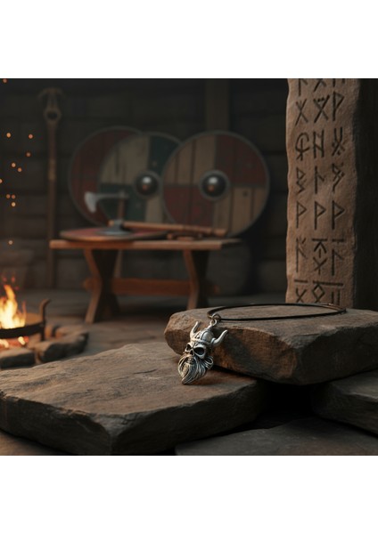 Viking Sakallı Kuru Kafa Gümüş Kaplama Deri Ip Kolye fırsatları
