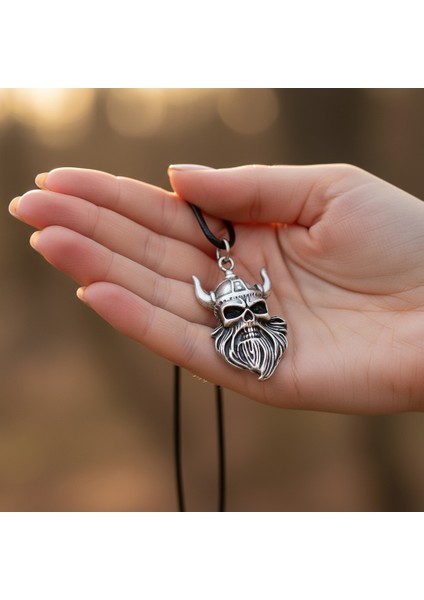Viking Sakallı Kuru Kafa Gümüş Kaplama Deri Ip Kolye indirimleri