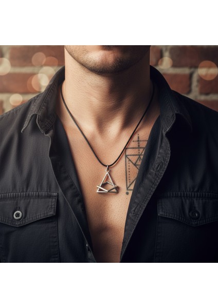 Üçgen Kare Geometrik Gümüş Kaplama Deri İp Kolye