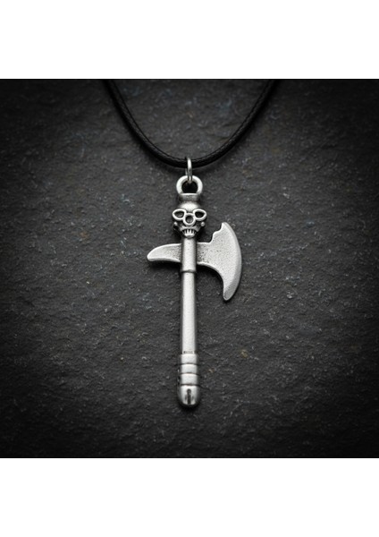 Kuru Kafa Balta Gümüş Kaplama Deri İp Kolye