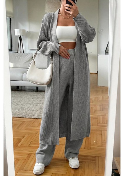 Kadın Bel Lastikli Triko Pantolon Uzun Hırka Ikili Takım P-00019635