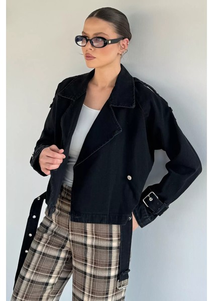 Kadın Kruvaze Yaka Kemer Detaylı Jean Kot Ceket P-00019427