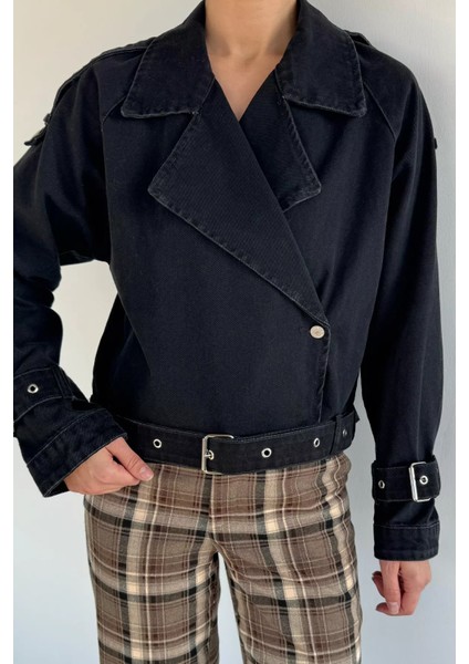 Kadın Kruvaze Yaka Kemer Detaylı Jean Kot Ceket P-00019427 fiyatları