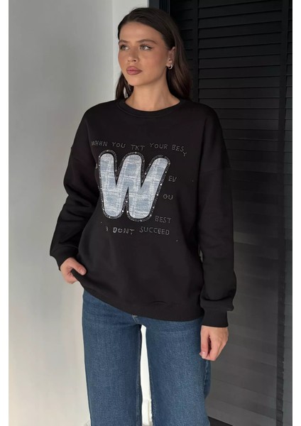 Kadın Bisiklet Yaka Taş Işlemeli Şardonlu Sweatshirt P-00019308