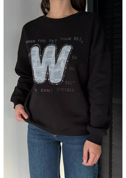 Kadın Bisiklet Yaka Taş Işlemeli Şardonlu Sweatshirt P-00019308 fiyatları