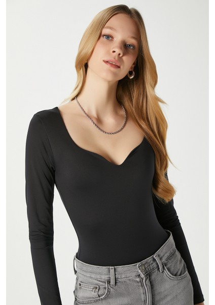 Kadın Rich Kalp Yaka Polyamid Siyah Çıtçıtlı Body / Bluz