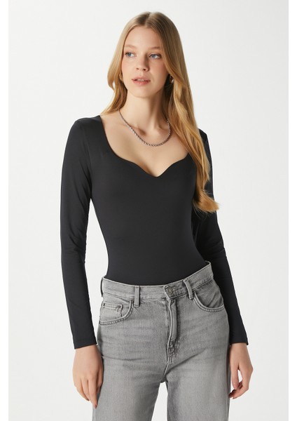 Kadın Rich Kalp Yaka Polyamid Siyah Çıtçıtlı Body / Bluz modelleri