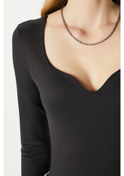 Kadın Rich Kalp Yaka Polyamid Siyah Çıtçıtlı Body / Bluz fırsatları
