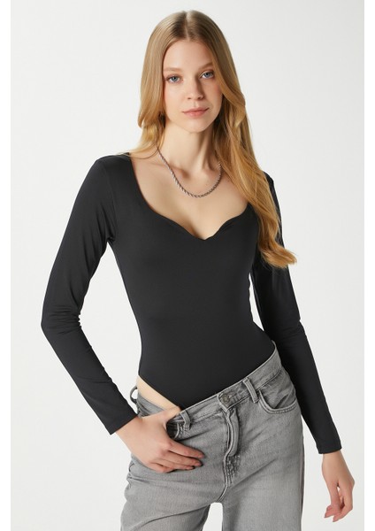 Kadın Rich Kalp Yaka Polyamid Siyah Çıtçıtlı Body / Bluz indirimleri