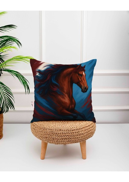 Koşan At Figürlü Bordo ve Mavi Arka Planlı Dijital Baskılı Kırlent Kılıfı
