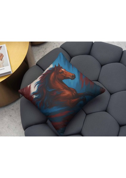 Koşan At Figürlü Bordo ve Mavi Arka Planlı Dijital Baskılı Kırlent Kılıfı fiyatları