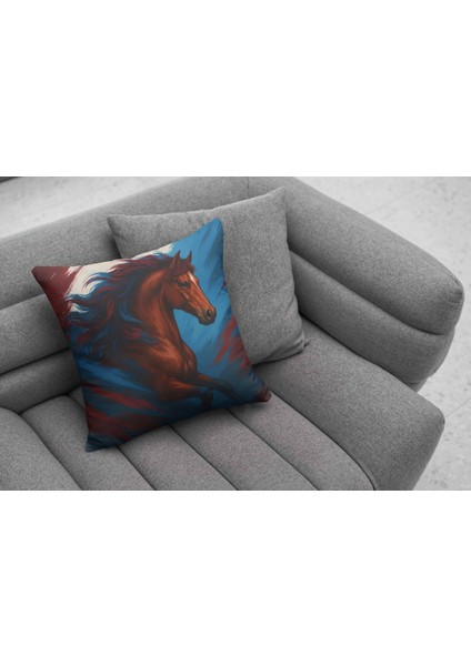 Koşan At Figürlü Bordo ve Mavi Arka Planlı Dijital Baskılı Kırlent Kılıfı modelleri