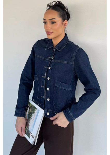 Kadın Çift Cepli Ön Düğmeli Kuşgözü Detaylı Jean Kot Ceket P-00019429 fiyatları
