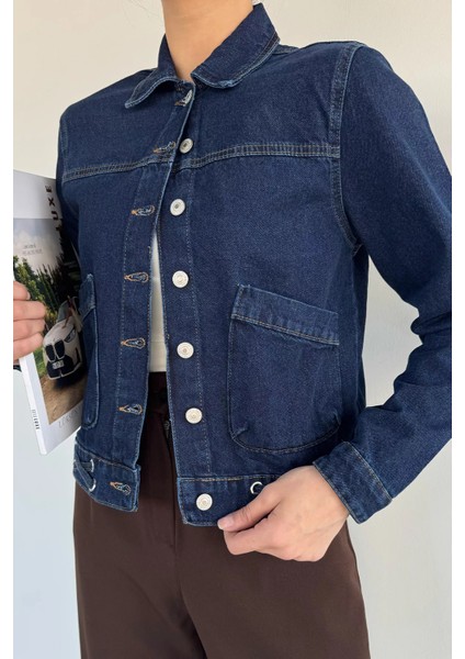 Kadın Çift Cepli Ön Düğmeli Kuşgözü Detaylı Jean Kot Ceket P-00019429 modelleri