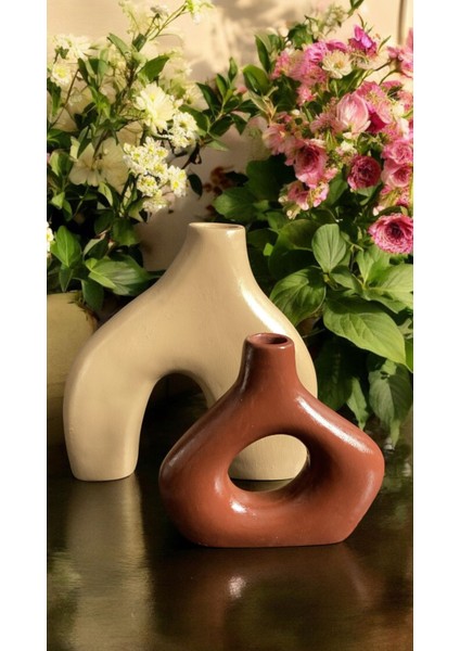 Modern Iskandinav Dekoratif Vazo Seti – Bej & Kahve – Büyük Boy 20 cm + Küçük Boy 15 cm – Minimal Seramik Görünümlü Ev Dekor Obje