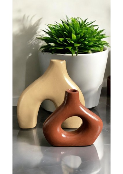 Modern Iskandinav Dekoratif Vazo Seti – Bej & Kahve – Büyük Boy 20 cm + Küçük Boy 15 cm – Minimal Seramik Görünümlü Ev Dekor Obje modelleri